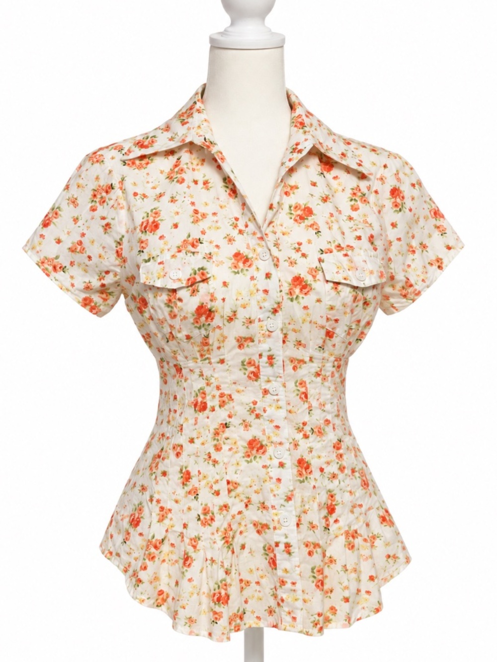 Eyeshadow Small Floral Button Front Blouse 100% Cotton Fitted Waist Cottagecore
